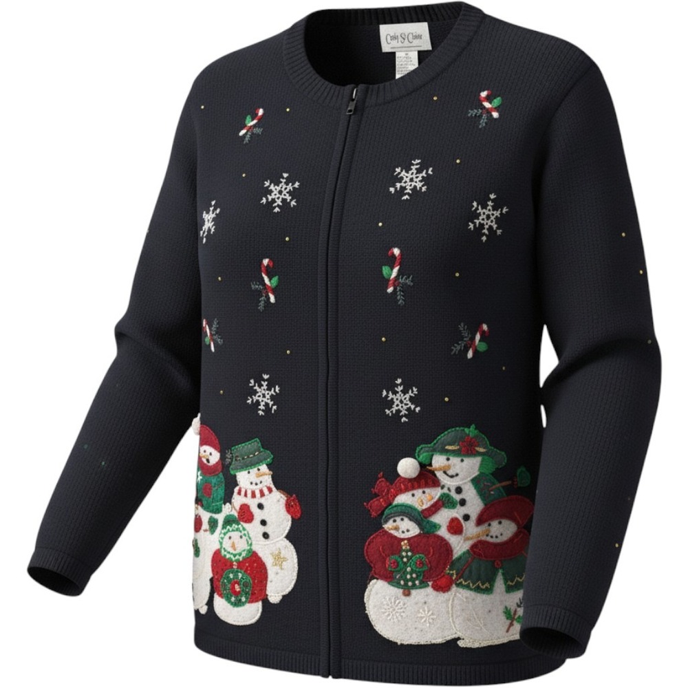 Carly St. Claire Snowman Christmas Cardigan Sweater Zip Front Womens M
